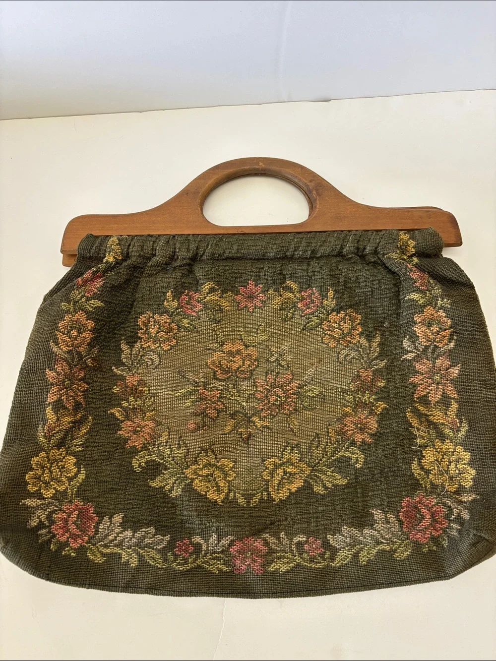 Vintage Olive Floral Tapestry Satchel with Wooden Handles